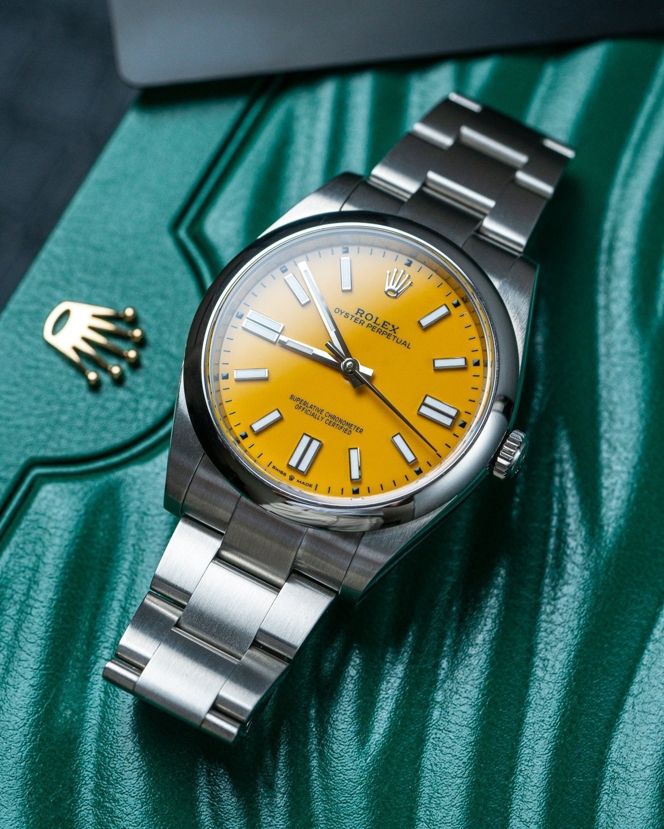 41mm Steel Rolex Oyster Perpetual Yellow Dial 124300 Watch at Alpha Crown